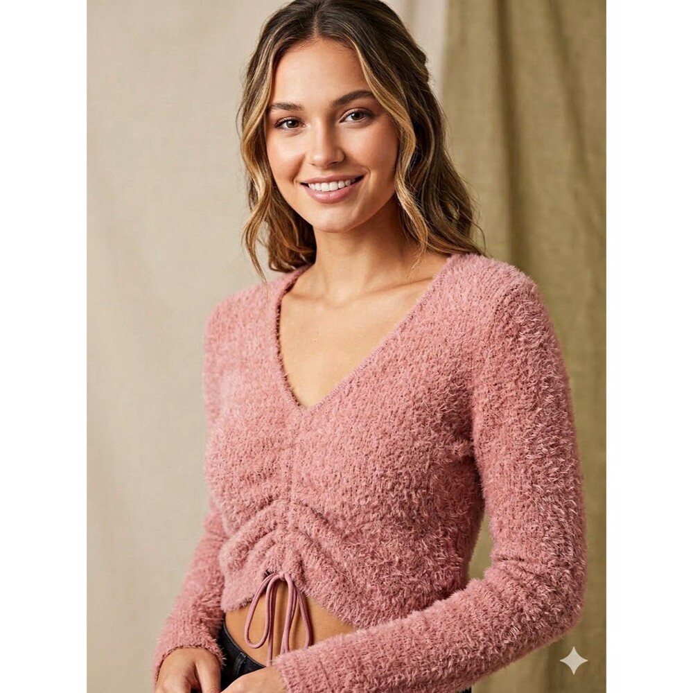Altar’d State Pink Fuzzy Crop Sweater Medium Ruched V-Neck Eyelash Knit Top